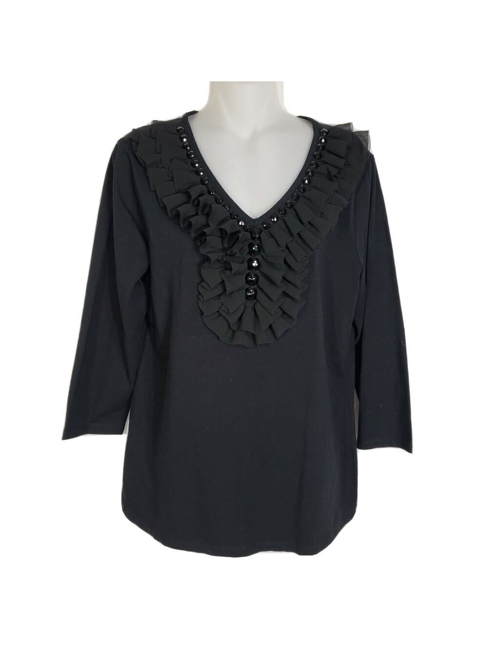 Toffee Apple Blouse Womens Medium Black V-Neck Ruffle Rhinestones 3/4 Sleeve